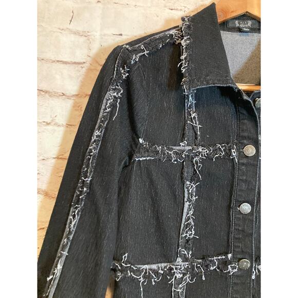 A.Z.I. NY Jacket Womens Small Denim Jean Black Patchwork Fringed Distressing - Picture 2 of 12